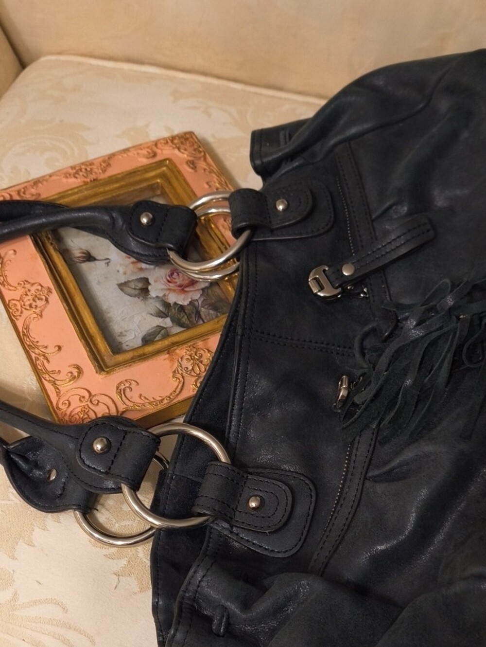 b. makowsky Black Leather Shoulder Bag with Silver Rings - Picture 6 of 8
